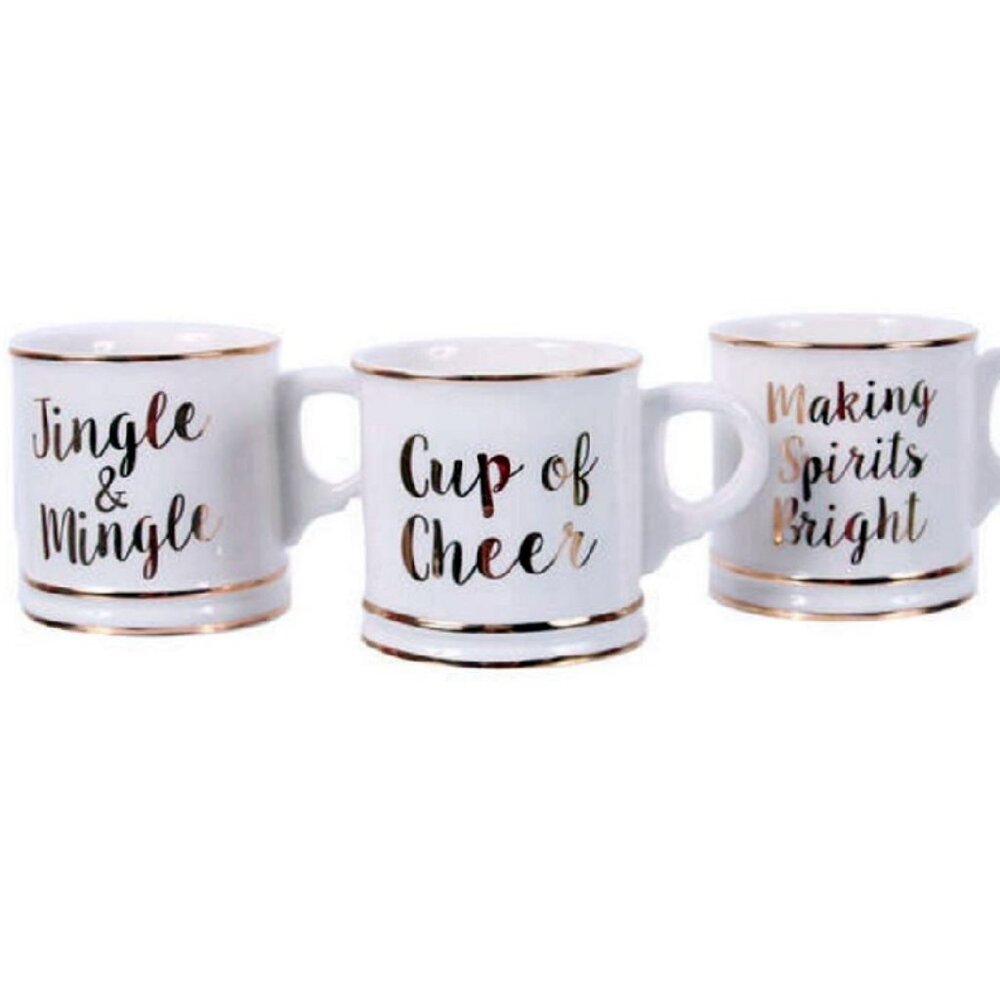 Set of Three Gold Foil Footed Mugs with Holiday Christmas Sayings